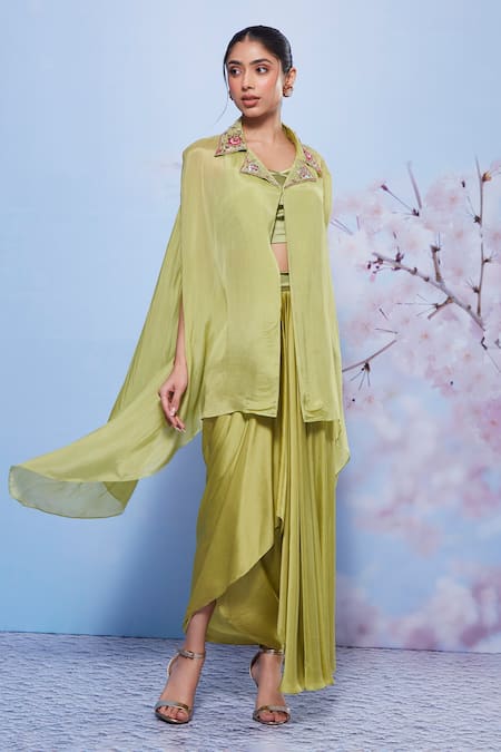 Buy Ajiesh Oberoi Green Chiffon, Modal, Lycra Sequins, Lapel Collared Cape And Draped Skirt Set Online at Aza Fashions Buy_Ajiesh Oberoi_Green Chiffon, Modal, Lycra Sequins, Lapel Collared Cape And Draped Skirt Set _Online_at_Aza_Fashions