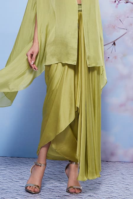 Shop Ajiesh Oberoi Green Chiffon, Modal, Lycra Sequins, Lapel Collared Cape And Draped Skirt Set Online at Aza Fashions Shop_Ajiesh Oberoi_Green Chiffon, Modal, Lycra Sequins, Lapel Collared Cape And Draped Skirt Set _Online_at_Aza_Fashions