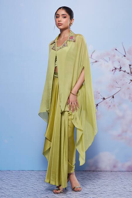 Ajiesh Oberoi Green Chiffon, Modal, Lycra Sequins, Lapel Collared Cape And Draped Skirt Set at Aza Fashions Ajiesh Oberoi_Green Chiffon, Modal, Lycra Sequins, Lapel Collared Cape And Draped Skirt Set _at_Aza_Fashions