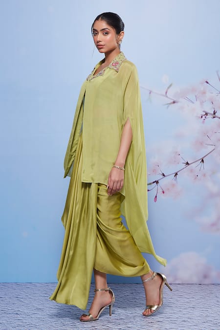 Buy Ajiesh Oberoi Green Chiffon, Modal, Lycra Sequins, Lapel Collared Cape And Draped Skirt Set Buy_Ajiesh Oberoi_Green Chiffon, Modal, Lycra Sequins, Lapel Collared Cape And Draped Skirt Set