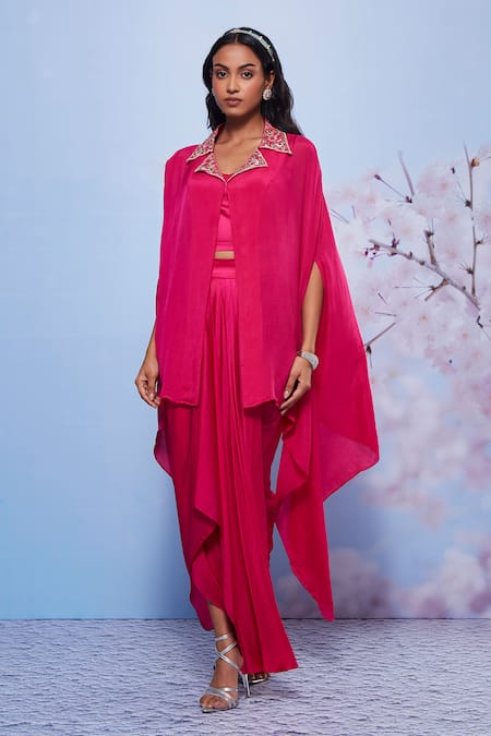 Ajiesh Oberoi_Pink Chiffon, Modal, Lycra Embroidery Sweetheart Floral Cape And Draped Skirt Set _Online_at_Aza_Fashions