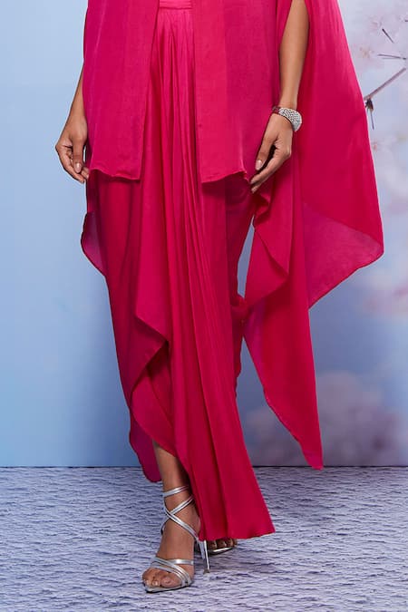 Buy_Ajiesh Oberoi_Pink Chiffon, Modal, Lycra Embroidery Sweetheart Floral Cape And Draped Skirt Set _Online_at_Aza_Fashions