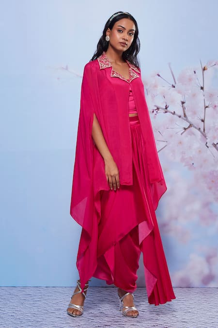 Shop_Ajiesh Oberoi_Pink Chiffon, Modal, Lycra Embroidery Sweetheart Floral Cape And Draped Skirt Set _Online_at_Aza_Fashions