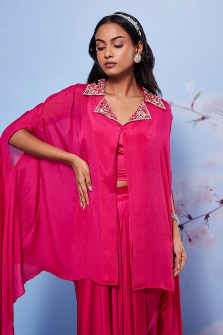Ajiesh Oberoi_Pink Chiffon, Modal, Lycra Embroidery Sweetheart Floral Cape And Draped Skirt Set _at_Aza_Fashions