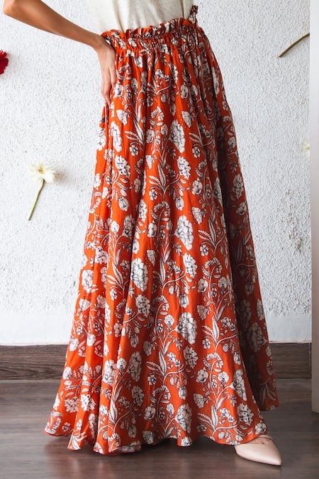 Shop Shachi Sood Orange Chanderi, Silk Tassels, Mirrors Round Neck Floral Print Skirt And Top Set Online at Aza Fashions Shop_Shachi Sood_Orange Chanderi, Silk Tassels, Mirrors Round Neck Floral Print Skirt And Top Set _Online_at_Aza_Fashions