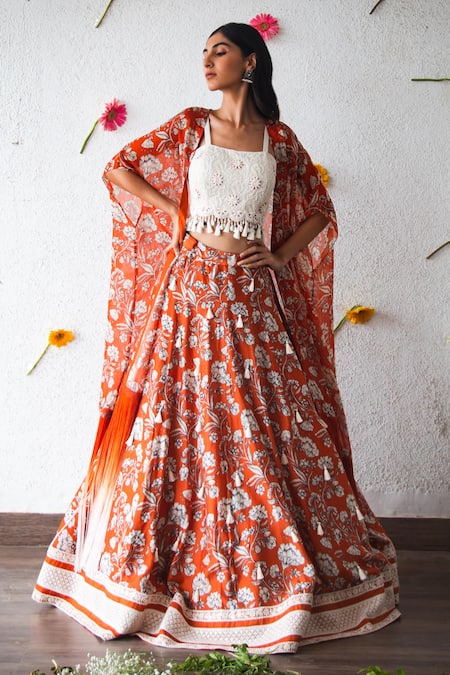Shop_Shachi Sood_Orange Silk, Organza Tassels, Embroidery Square Floral Print Cape And Lehenga Set _at_Aza_Fashions