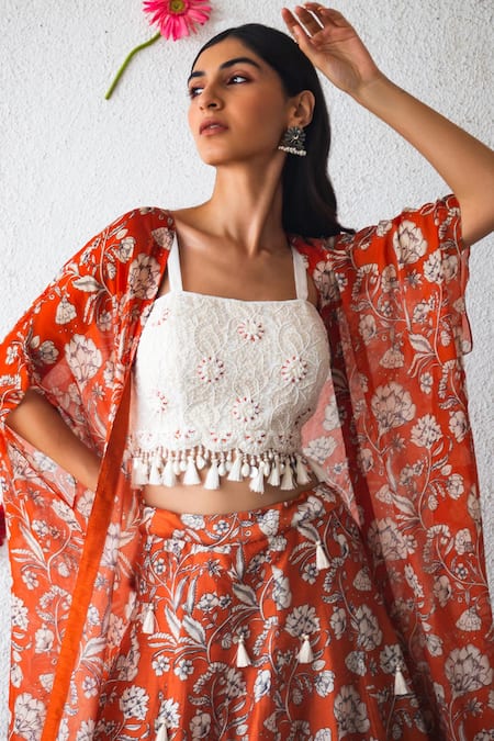 Shachi Sood_Orange Silk, Organza Tassels, Embroidery Square Floral Print Cape And Lehenga Set _Online_at_Aza_Fashions