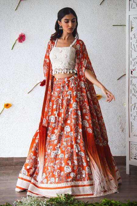 White And Orange Silk Mirror Work Navratri Lehenga Choli - VJV Now - India