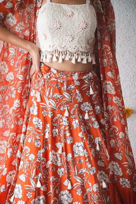 Shop_Shachi Sood_Orange Silk, Organza Tassels, Embroidery Square Floral Print Cape And Lehenga Set _Online_at_Aza_Fashions