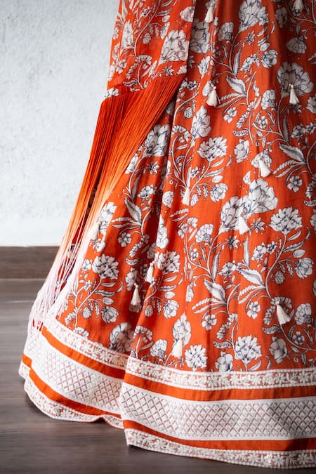 Shachi Sood_Orange Silk, Organza Tassels, Embroidery Square Floral Print Cape And Lehenga Set _at_Aza_Fashions