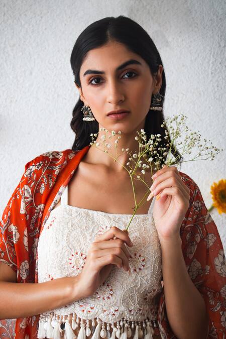 Shachi Sood_Orange Silk, Organza Tassels Square Neck Pleated Floral Print And Cape _Online_at_Aza_Fashions