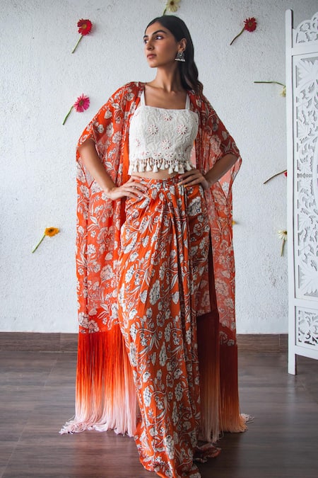 Buy_Shachi Sood_Orange Silk, Organza Tassels Square Neck Pleated Floral Print And Cape _Online_at_Aza_Fashions