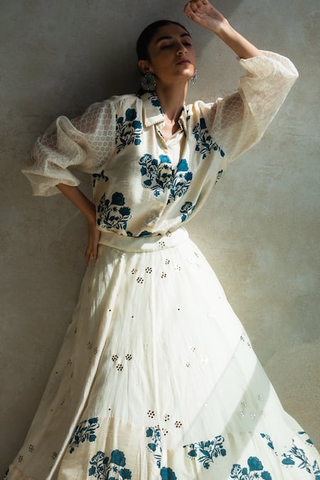 Shop Shachi Sood White Chanderi, Denim Pearls Shawl Neck Floral Print Shirt at Aza Fashions Shop_Shachi Sood_White Chanderi, Denim Pearls Shawl Neck Floral Print Shirt _at_Aza_Fashions