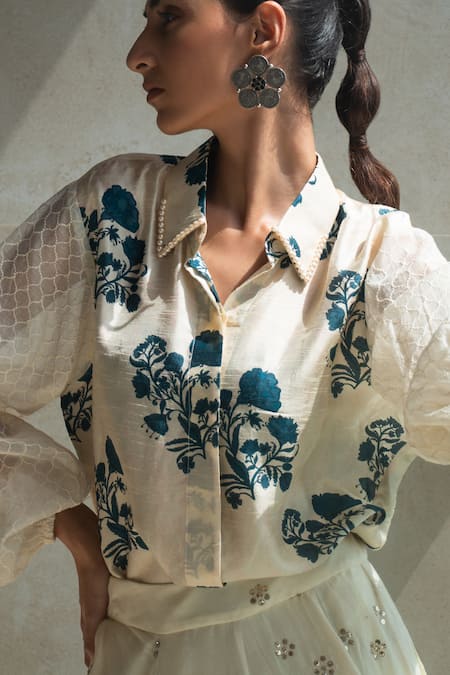 Shachi Sood White Chanderi, Denim Pearls Shawl Neck Floral Print Shirt Online at Aza Fashions Shachi Sood_White Chanderi, Denim Pearls Shawl Neck Floral Print Shirt _Online_at_Aza_Fashions