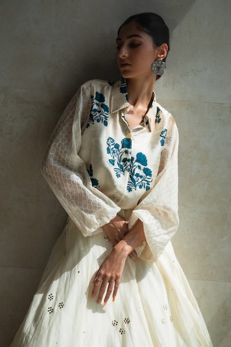 Buy Shachi Sood White Chanderi, Denim Pearls Shawl Neck Floral Print Shirt Online at Aza Fashions Buy_Shachi Sood_White Chanderi, Denim Pearls Shawl Neck Floral Print Shirt _Online_at_Aza_Fashions
