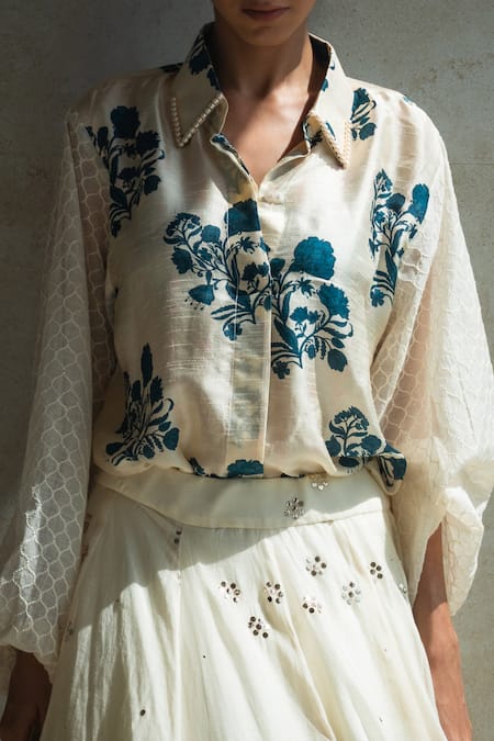 Shop Shachi Sood White Chanderi, Denim Pearls Shawl Neck Floral Print Shirt Online at Aza Fashions Shop_Shachi Sood_White Chanderi, Denim Pearls Shawl Neck Floral Print Shirt _Online_at_Aza_Fashions