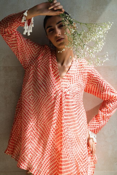 Shop_Shachi Sood_Orange Organza, Satin, Silk Embroidery V-neck Top And Pleated Skirt Set _at_Aza_Fashions