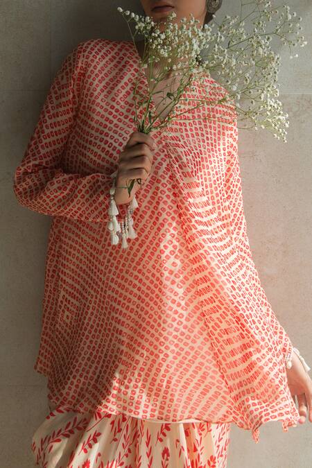 Buy_Shachi Sood_Orange Organza, Satin, Silk Embroidery V-neck Top And Pleated Skirt Set _Online_at_Aza_Fashions