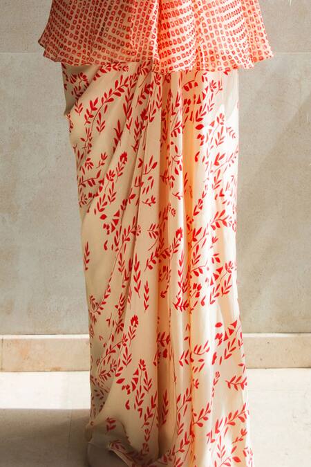 Shop_Shachi Sood_Orange Organza, Satin, Silk Embroidery V-neck Top And Pleated Skirt Set _Online_at_Aza_Fashions