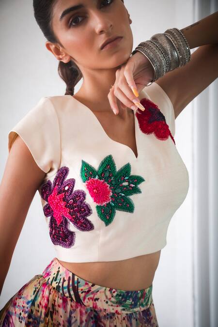 Shachi Sood White Silk, Organza Embroidery V-neck Hand Top And Skirt Set Online at Aza Fashions Shachi Sood_White Silk, Organza Embroidery V-neck Hand Top And Skirt Set _Online_at_Aza_Fashions