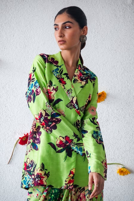 Shop_Shachi Sood_Green Silk Collared Floral Print Jacket And Skirt Set _at_Aza_Fashions