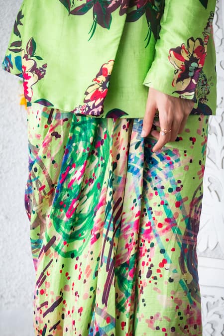 Shachi Sood_Green Silk Collared Floral Print Jacket And Skirt Set _Online_at_Aza_Fashions