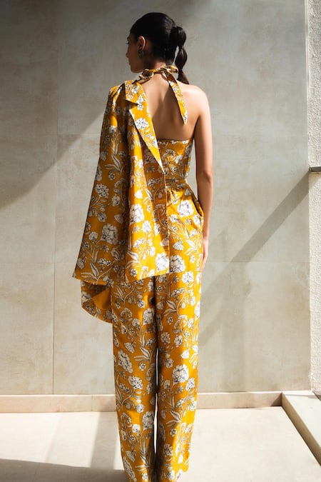 Shop_Shachi Sood_Yellow Silk Embroidery Open , Sweetheart Floral Print Blazer And Pant Set _at_Aza_Fashions