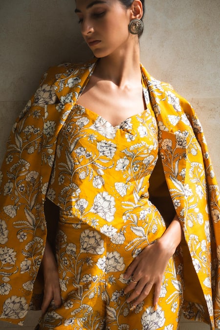 Buy_Shachi Sood_Yellow Silk Embroidery Open , Sweetheart Floral Print Blazer And Pant Set _Online_at_Aza_Fashions