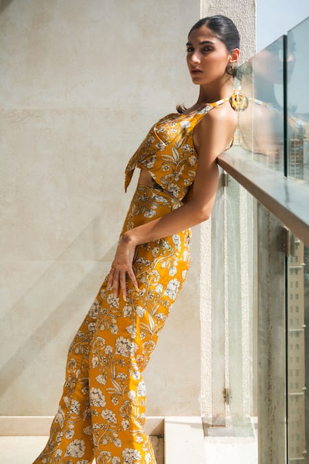 Shachi Sood_Yellow Silk Embroidery Open , Sweetheart Floral Print Blazer And Pant Set _at_Aza_Fashions