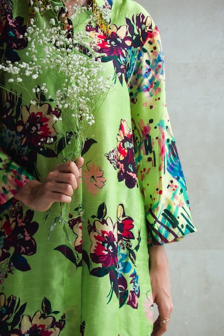 Shachi Sood_Green Silk Tassels Shawl Neck Floral Print Shirt _Online_at_Aza_Fashions