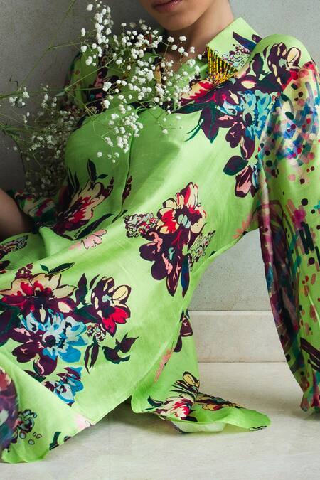 Buy_Shachi Sood_Green Silk Tassels Shawl Neck Floral Print Shirt _Online_at_Aza_Fashions