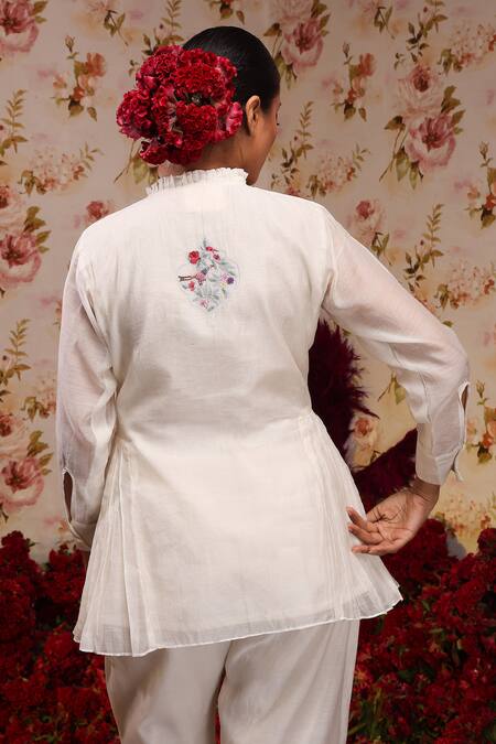 Shop Vrinda By Pundrik Dubey Ivory Chanderi Silk Embroidery Mandarin Collar Floral Top And Pant Set at Aza Fashions Shop_Vrinda By Pundrik Dubey_Ivory Chanderi Silk Embroidery Mandarin Collar Floral Top And Pant Set_at_Aza_Fashions