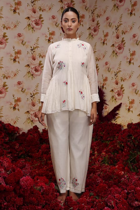 Buy Vrinda By Pundrik Dubey Ivory Chanderi Silk Embroidery Mandarin Collar Floral Top And Pant Set Online at Aza Fashions Buy_Vrinda By Pundrik Dubey_Ivory Chanderi Silk Embroidery Mandarin Collar Floral Top And Pant Set_Online_at_Aza_Fashions