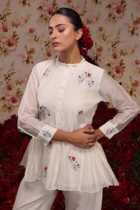 Shop Vrinda By Pundrik Dubey Ivory Chanderi Silk Embroidery Mandarin Collar Floral Top And Pant Set Online at Aza Fashions Shop_Vrinda By Pundrik Dubey_Ivory Chanderi Silk Embroidery Mandarin Collar Floral Top And Pant Set_Online_at_Aza_Fashions
