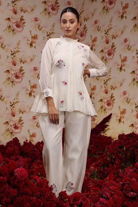 Vrinda By Pundrik Dubey Ivory Chanderi Silk Embroidery Mandarin Collar Floral Top And Pant Set at Aza Fashions Vrinda By Pundrik Dubey_Ivory Chanderi Silk Embroidery Mandarin Collar Floral Top And Pant Set_at_Aza_Fashions