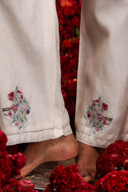 Buy Vrinda By Pundrik Dubey Ivory Chanderi Silk Embroidery Mandarin Collar Floral Top And Pant Set Buy_Vrinda By Pundrik Dubey_Ivory Chanderi Silk Embroidery Mandarin Collar Floral Top And Pant Set