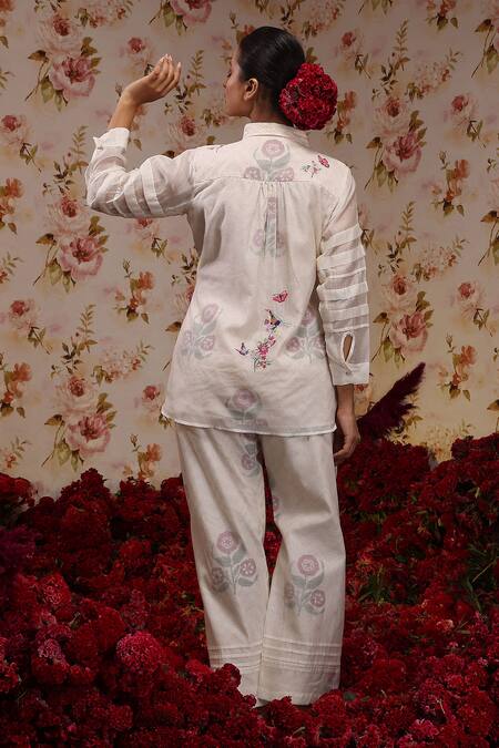 Shop Vrinda By Pundrik Dubey Ivory Chanderi Silk Embroidery Shawl Neck Top And Pant Set at Aza Fashions Shop_Vrinda By Pundrik Dubey_Ivory Chanderi Silk Embroidery Shawl Neck Top And Pant Set_at_Aza_Fashions