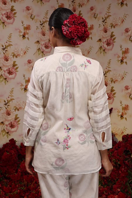 Buy_Vrinda By Pundrik Dubey_Ivory Chanderi Silk Embroidery Shawl Neck Top And Pant Set