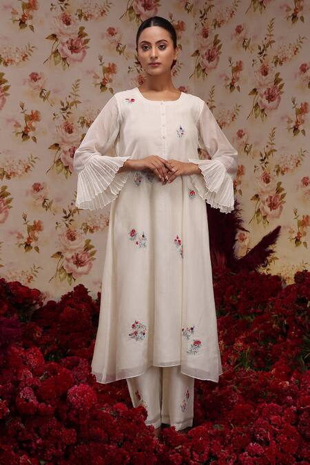 Shop_Vrinda By Pundrik Dubey_Ivory Chanderi Silk Embroidered Floral Round Kurta Pant Set_Online_at_Aza_Fashions