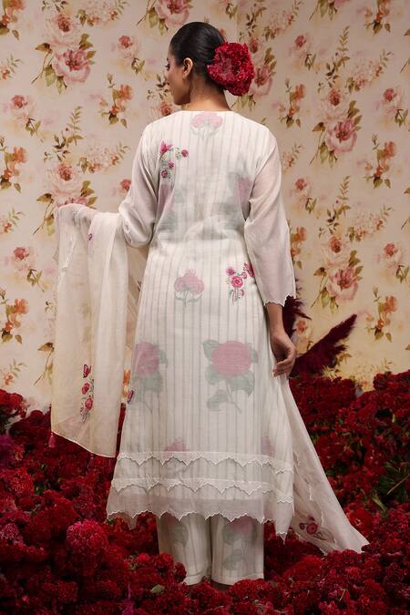 Shop Vrinda By Pundrik Dubey Ivory Chanderi Silk Embroidered Floral Round Kurta Pant Set at Aza Fashions Shop_Vrinda By Pundrik Dubey_Ivory Chanderi Silk Embroidered Floral Round Kurta Pant Set_at_Aza_Fashions