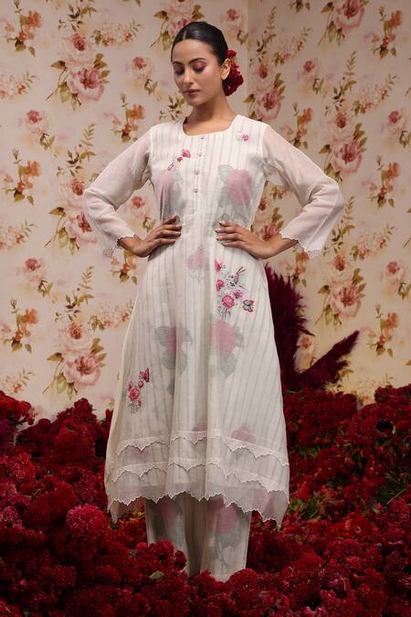 Buy Vrinda By Pundrik Dubey Ivory Chanderi Silk Embroidered Floral Round Kurta Pant Set Online at Aza Fashions Buy_Vrinda By Pundrik Dubey_Ivory Chanderi Silk Embroidered Floral Round Kurta Pant Set_Online_at_Aza_Fashions