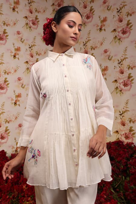 Vrinda By Pundrik Dubey Ivory Chanderi Silk Embroidery Shawl Neck Floral Flared Top And Pant Set Online at Aza Fashions Vrinda By Pundrik Dubey_Ivory Chanderi Silk Embroidery Shawl Neck Floral Flared Top And Pant Set_Online_at_Aza_Fashions