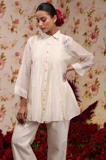 Buy Vrinda By Pundrik Dubey Ivory Chanderi Silk Embroidery Shawl Neck Floral Flared Top And Pant Set Online at Aza Fashions Buy_Vrinda By Pundrik Dubey_Ivory Chanderi Silk Embroidery Shawl Neck Floral Flared Top And Pant Set_Online_at_Aza_Fashions