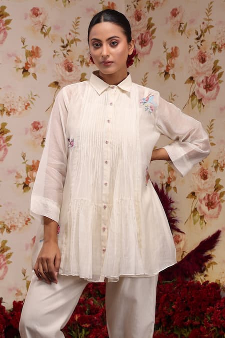 Vrinda By Pundrik Dubey Ivory Chanderi Silk Embroidery Shawl Neck Floral Flared Top And Pant Set at Aza Fashions Vrinda By Pundrik Dubey_Ivory Chanderi Silk Embroidery Shawl Neck Floral Flared Top And Pant Set_at_Aza_Fashions