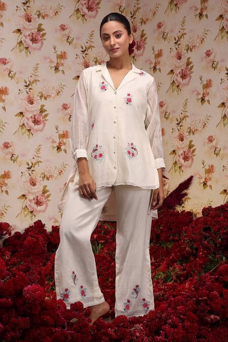 Vrinda By Pundrik Dubey Ivory Chanderi Silk Embroidery Collared Lapel Shirt And Pant Set Online at Aza Fashions Vrinda By Pundrik Dubey_Ivory Chanderi Silk Embroidery Collared Lapel Shirt And Pant Set_Online_at_Aza_Fashions