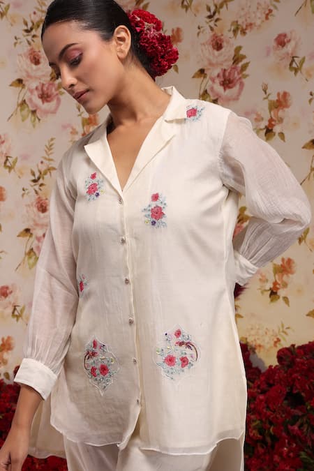Buy Vrinda By Pundrik Dubey Ivory Chanderi Silk Embroidery Collared Lapel Shirt And Pant Set Online at Aza Fashions Buy_Vrinda By Pundrik Dubey_Ivory Chanderi Silk Embroidery Collared Lapel Shirt And Pant Set_Online_at_Aza_Fashions