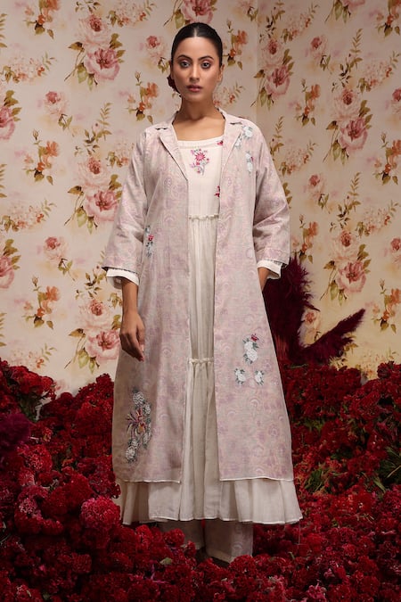 Shop Vrinda By Pundrik Dubey Ivory Chanderi Silk Embroidery Collared, Round Neck Anarkali Jacket Set Online at Aza Fashions Shop_Vrinda By Pundrik Dubey_Ivory Chanderi Silk Embroidery Collared, Round Neck Anarkali Jacket Set_Online_at_Aza_Fashions
