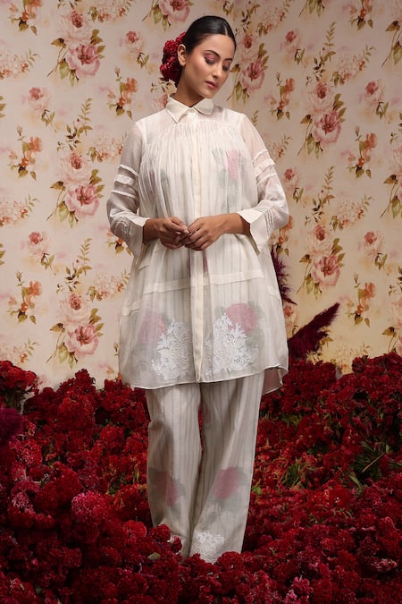 Vrinda by Pundrik Dubey Ivory Chanderi Silk Embroidered Floral Shirt Collar Top And Pant Set 