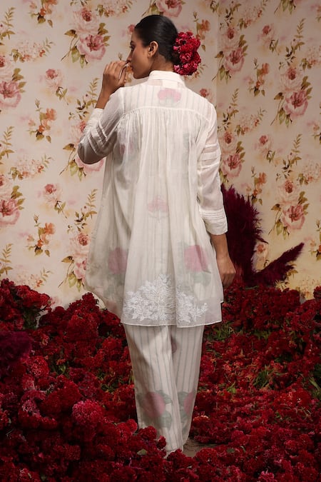 Shop Vrinda By Pundrik Dubey Ivory Chanderi Silk Embroidery Collared Top And Pant Set at Aza Fashions Shop_Vrinda By Pundrik Dubey_Ivory Chanderi Silk Embroidery Collared Top And Pant Set_at_Aza_Fashions
