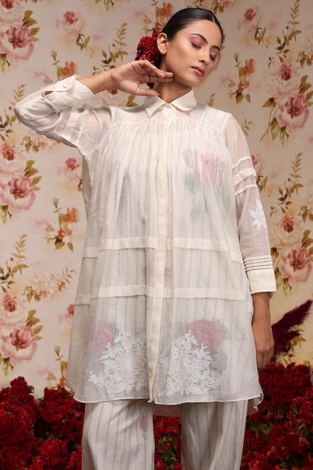 Vrinda By Pundrik Dubey Ivory Chanderi Silk Embroidery Collared Top And Pant Set Online at Aza Fashions Vrinda By Pundrik Dubey_Ivory Chanderi Silk Embroidery Collared Top And Pant Set_Online_at_Aza_Fashions